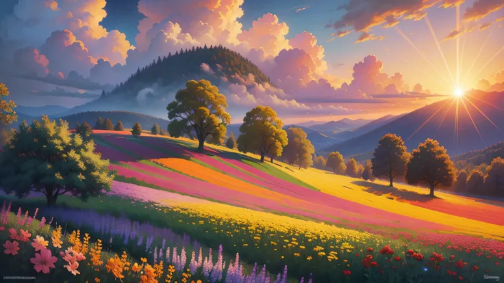 With huge flowers, flower fields hills, large trees, dramatic sunrise rays, impressionist paintings, colorful clouds, digital paintings, pointillism, art stations, Simon Starlenhaag