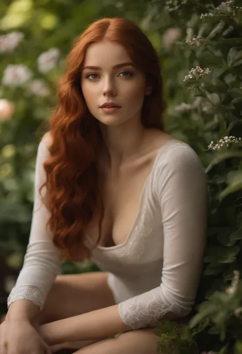 Naked 19 years old, sexy girl with red hair, ultra realistic, meticulously detailed, portrait sophie mudd, white girl, sitting in the garden, medium to large size bust; ; ;naked