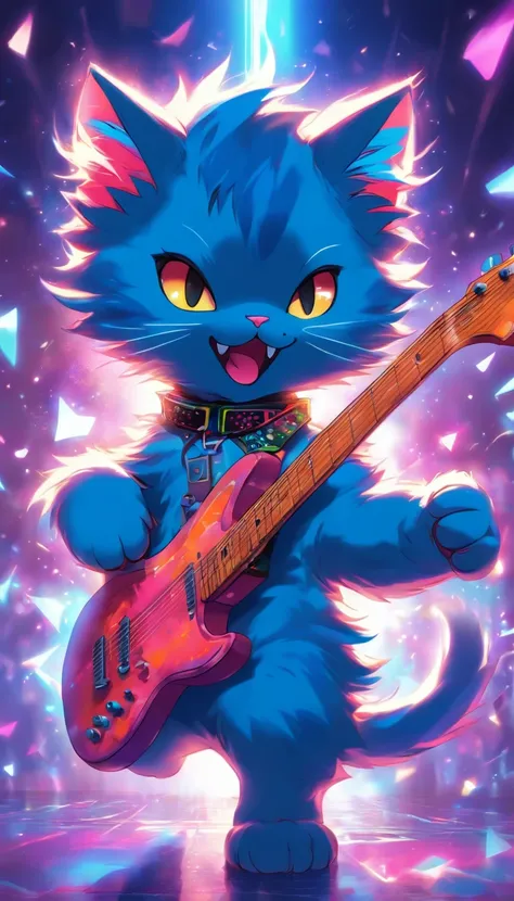 Draw an image of a kitten dancing while playing an electric guitar