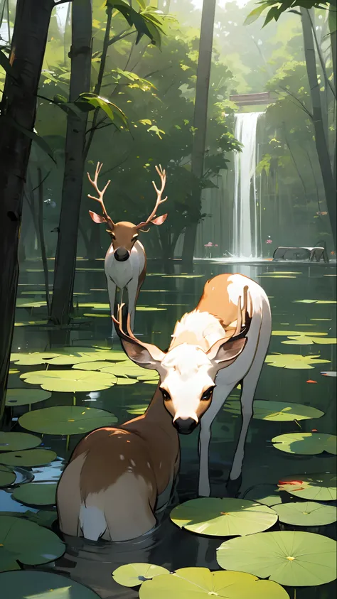 The deer went down to the lotus pond and were drinking water. At that time, Mi Chao was waiting to eat the deer. The forest behind the deer was very strange.