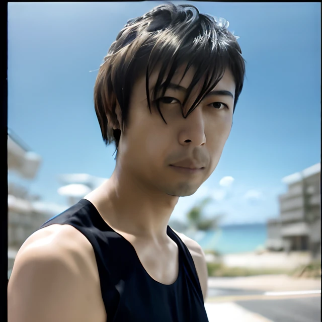 Arab asian man with black tank top standing in front of the beach, naoki ikushima, fukaya yuichiro, tomohiro shimoguchi, ando tadao, Daigo Ikeno, yusuke nakano, toru furuya, Masami Suda, yosuke ueno, takumi fujiwara