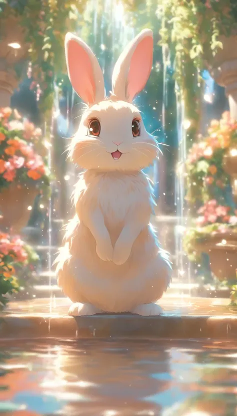 Cute bunny with round eyes, Garden fountain, , Far away from home, Mirror effect