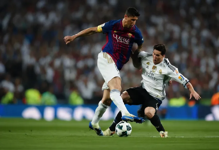 Ronaldo slide tackling Messi while playing for Real Madrid in the champions league final