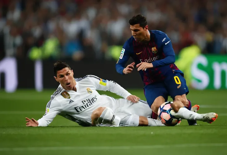 Ronaldo slide tackling Messi while playing for Real Madrid in the champions league final