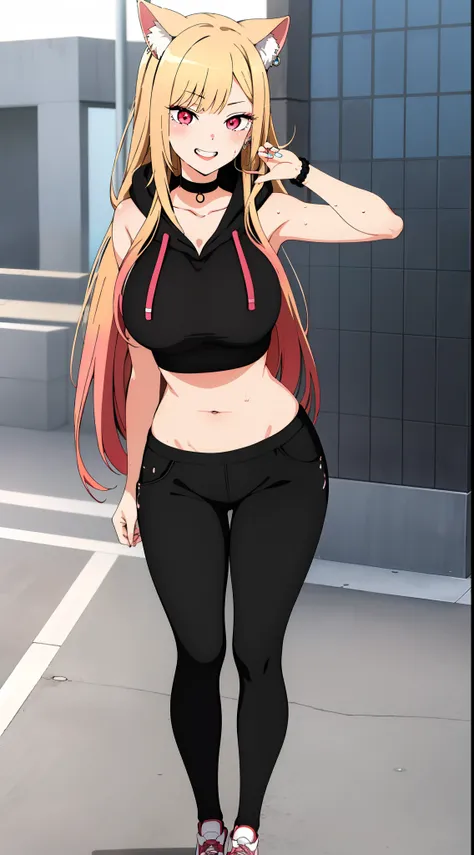 cat poses anime girl pors up ,best quality, (masterpiece:1.2), detailed,wearing a hoodie to the gym ,sweating a lot ,dripping we...