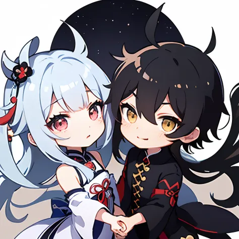 Draw 2 chibi couple holding hands in genshin impact style 
 boy chibi with black hair and Messy Parted Light Bangs Korean Hairstyle