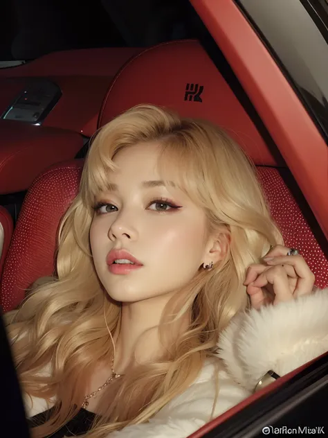 um Close up de uma mulher sentada em um carro com um casaco de pele, Lalisa Manobal, Parque Roseanne do Blackpink, ava max, Lalisa Manoban do Blackpink, Retrato de Jossi de Blackpink, Cl, sentada em seu carro, TaeJune Kim, Jinyoung Canela, jossi do blackpi...