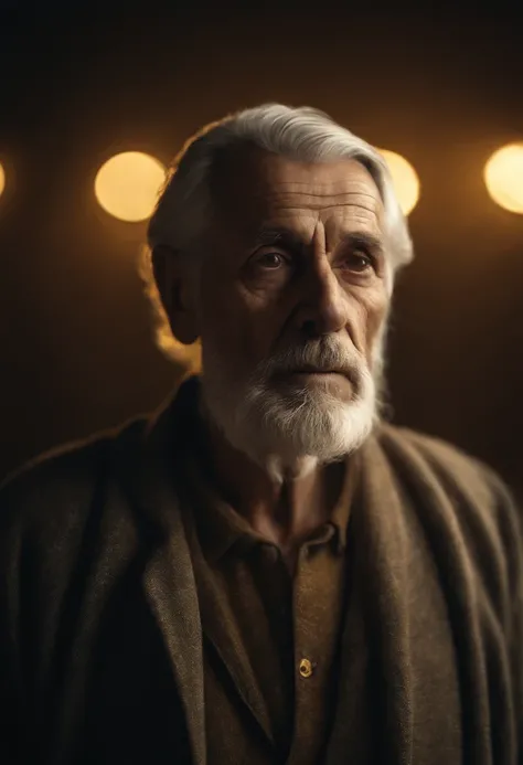 Photorealistic portrait of an old man, gray hair, wearing clothes from the time of Jesus, full body, centered face, background emitting golden lights, detailed face. Cinema effect, 8k.