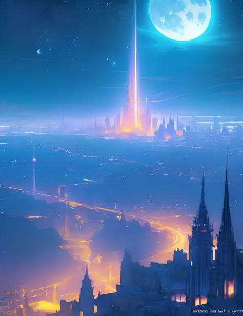 the met、Painting of a river with stars and moon in the sky、the met、Glowing skyscrapers、Shine across the board、Skyscrapers、Concept art inspired by Mitsuoki Tosa、pixiv contest winners、top-quality、Fantasyart、beautiful anime scene、Bright moon、Moonlit star envi...