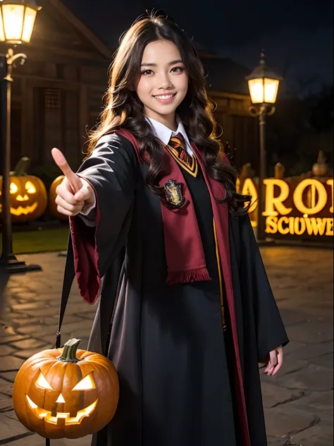 1girl, solo, RAW Photo, Photograph of a young beautiful bright indonesian woman with long hair flow in soft curl, grin smile, pointing and holding pumpkin, wear hogwarts uniform, halloween theme, dark, outdoor, night, detailed background, (cowboy shot:1.1)...