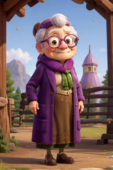 masterpiece, best quality, an old woman with glasses and a scarf on, wearing a purple coat and green scarf, standing at the park