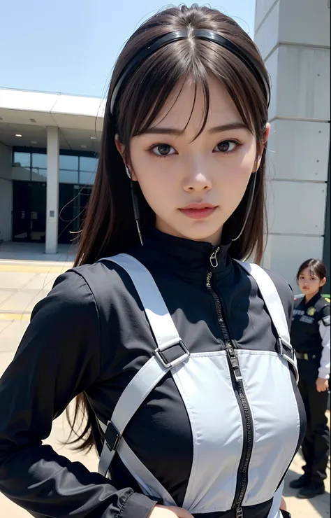 Highest image quality, outstanding details, ultra-high resolution, (realism: 1.4), highly condensed 1girl, with a delicate and beautiful face, ((close up:0.75)), (wearing racing suit likes police uniform, black and grey mecha, wearing military harness, a h...