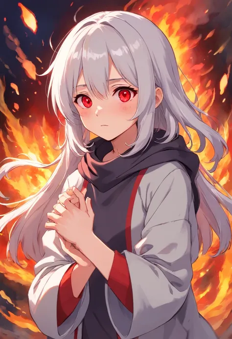 1 girl, bangs, white hair, red eyes, robotic sleeves, sad, covered eye, covered eye, right eyepatch, right eyepatch, metal scarf around neck, high resolution, black sweatshirt, white polo shirt, sleeves long, look up, blow, sad, alone, straight hair, upper...