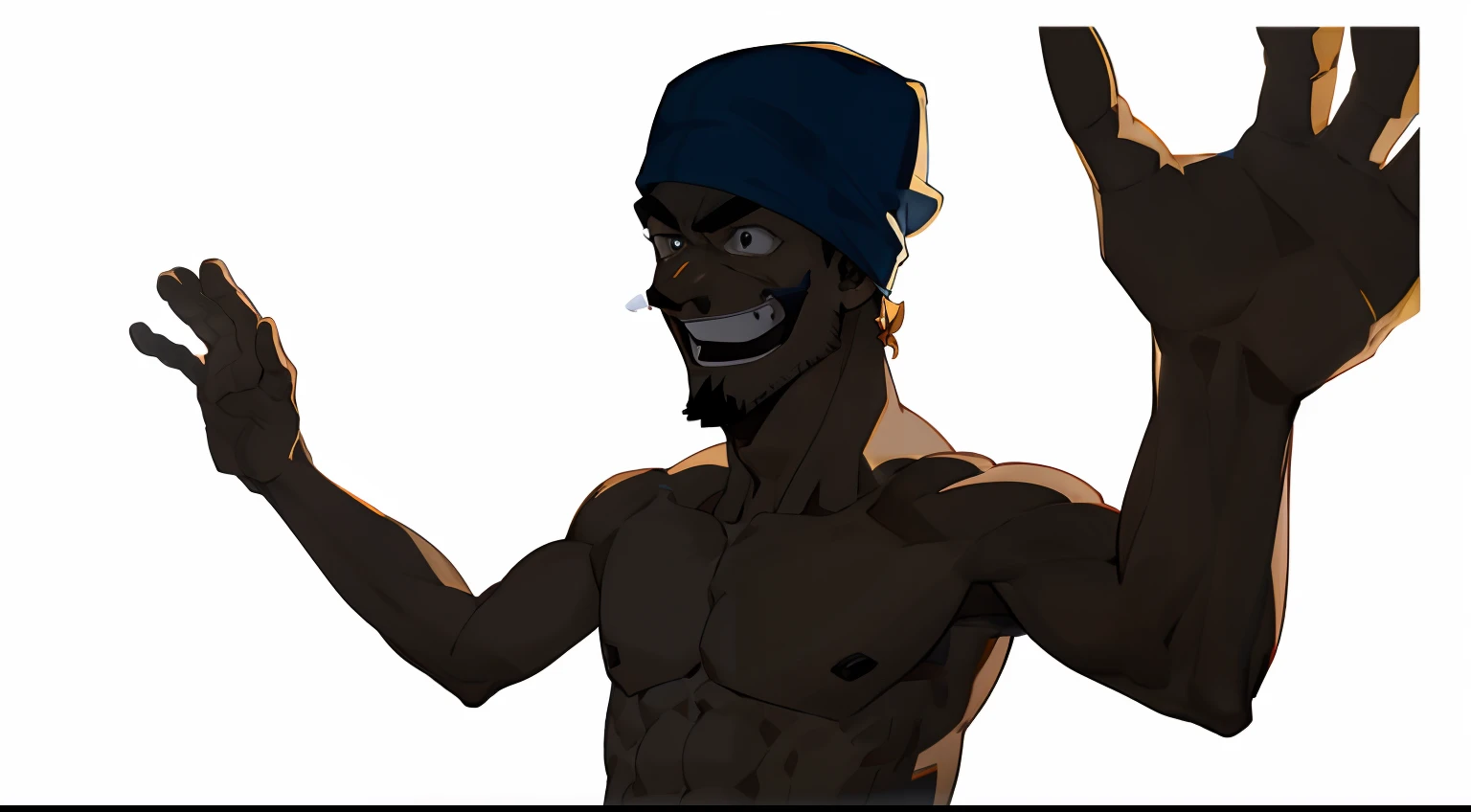 Shirtless cartoon man waving his hands and wearing a hat, Technoviking masculino sem camisa, Estilo anime de Will Smith, rotoscopia, Homem de pele marrom com um sorriso gigante, cell shaded adult animation, cel limpo sombreado, cel sombreado:15, cel sombre...