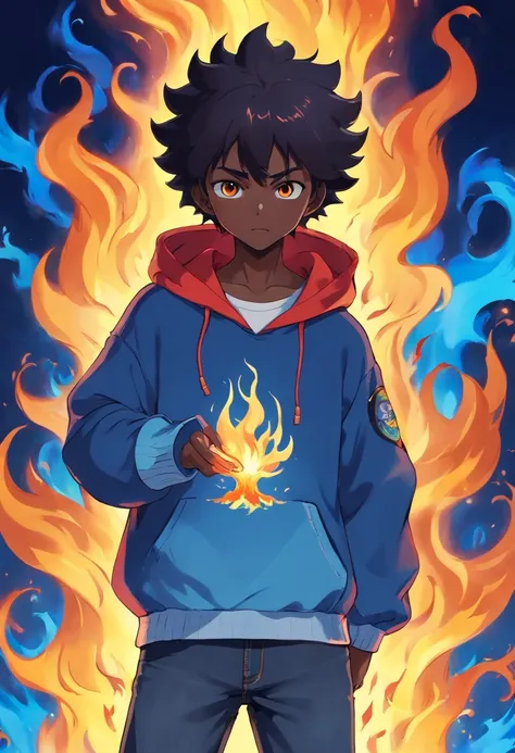 Jamaican God Of Fire In Hoodie And Jeans engulfed Blue Flames. dark skinned.