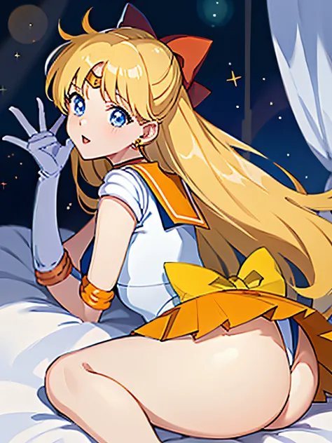 masterpiece, best quality, high resolution, venus1, 1 girl, solo, sailor senshi uniform, sailor venus, aino minako, blonde hair, magical girl, blue eyes, orange skirt, elbow-length gloves, tiara, pleated skirt, bow for hair, orange sailor necklace, miniski...