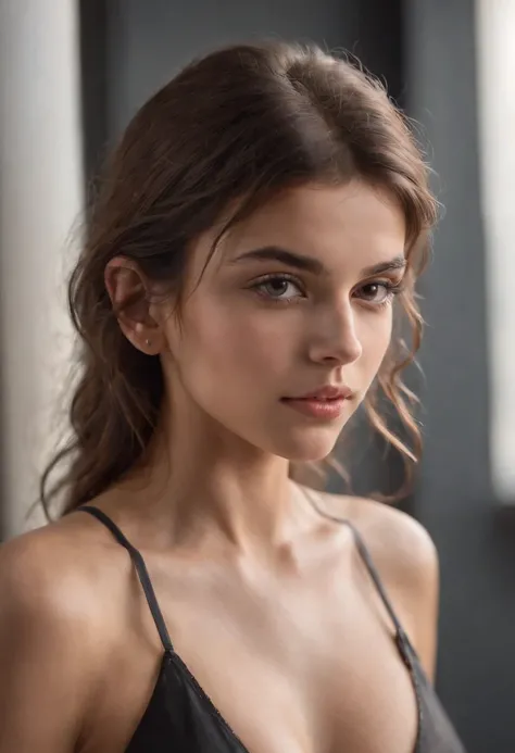 sexy woman, 20years old, Slim, Sport, shiny tanned skin, cleavage breasts, Narrow waist, curly dark hair, Kaia Gerber ,  Realistic, photografic, realisitic, natural, Gym, workout