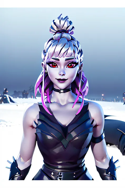 Dusk Fortnite, red eyes, sleeveless, gradient hair, 1girl, solo, facing viewer, looking at viewer, upper body, smile.