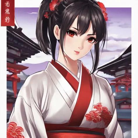 (masutepiece,newest,exclusive:1.2), animesque, Semi-realistic, Girl in white yukata, angry, stern face, Look at viewers, official arts, Black hair, beautiful symmetrical face, Beautiful 8K purple eyes, Pony tail. Against the backdrop of the red temples of ...