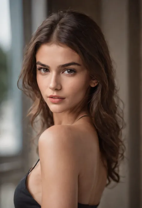 sexy woman, 20years old, Slim, Sport, shiny tanned skin, cleavage breasts, Narrow waist, curly dark hair, Kaia Gerber ,  Realistic, photografic, realisitic, natural, Gym, workout