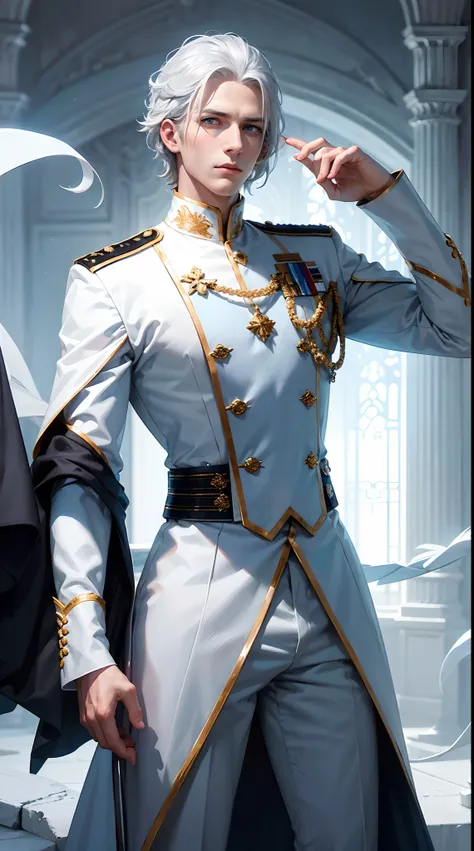 young noble man, silver hair, light blue eyes, tall and handsome body posture, handsome face, European nobleman, white noble uniform,  His shirt has a royal unicorn logo on it. pose holding a rose while saluting the nobleman, mansion background. HD color a...