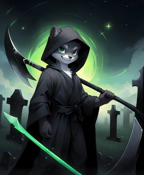 masterpiece, high quality portrait, anthro, furry, gray fur, (cub), (whiskers), solo child boy, (grim reaper), (holding scythe:1.2), black hood and robes, evil smirk, posing, blue dust, (floating green glows), graveyard, night, (by kekitopu)