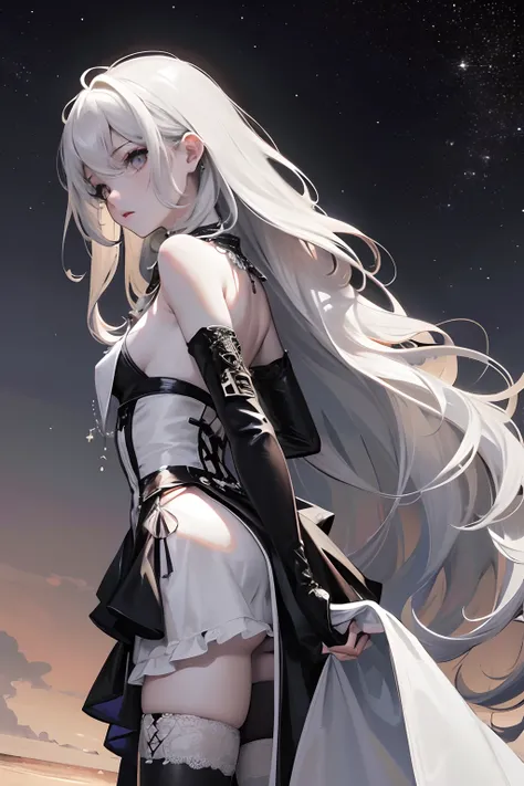 masterpiece, best quality, night, stars, on the beach, real, realistic, incredibly_absurdres, wallpaper, monochrome, traditional_media, girl, long hair, wavy hair, small breasts, revealing dress, white thighhighs, pendant, jewelry, fingerless gloves, arms ...