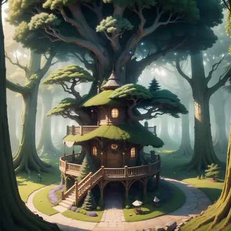 Large trees entwined with plant rings., Little people., Round ornamental tree house, Suspension bridge between tree houses, The staircase is carved with tree bark., bug, Particles glitter in the air., Fairytale Forest, Green, lam, yellow, purple