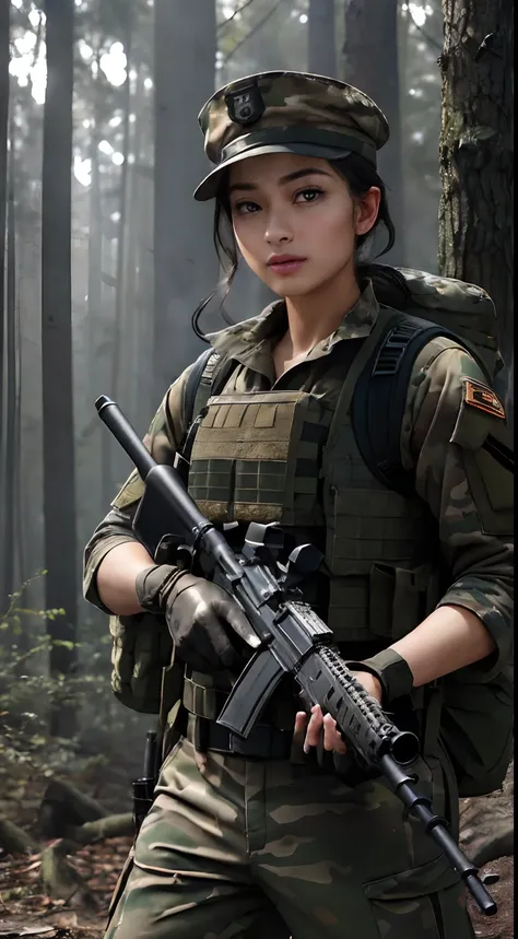 ((​masterpiece、ultra fine photos、top-quality、超A high resolution、Photorealsitic、foco nítido、(bustshot、Focus from the chest up、Beautiful Female Soldier, Filipino woman, 24 years old)))、delicated face、((tanned bronze skin、hazel eyess、Black Shorthair))、Militar...