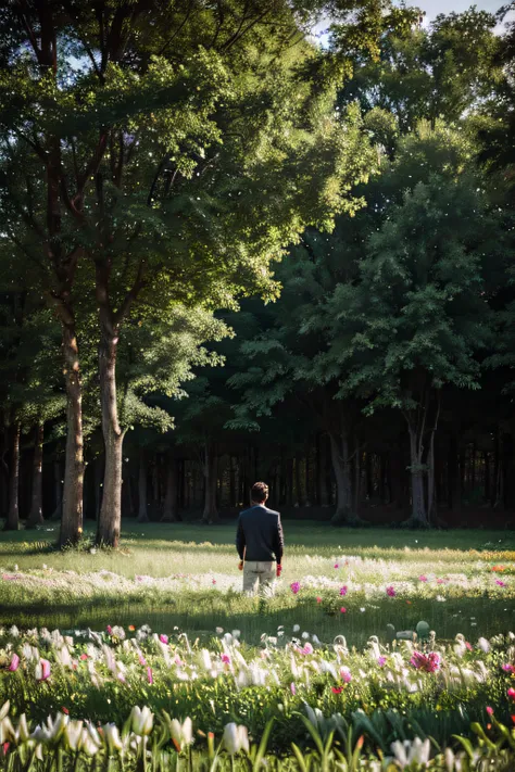 Man in a field of lilies, colorful cartoon, facing big magical forest.