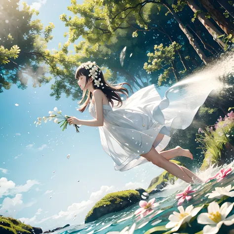 1girl in,(low_angle),water spray, fronds,flowers,forest,flying splashes,sea,flying splashes, white dress,best quality ,masutepie...