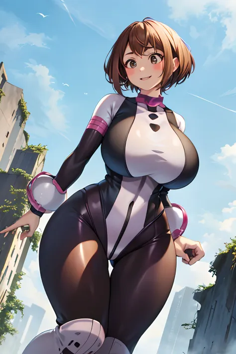 masterpiece, best quality, highres, hmochako, blush stickers, short hair, (((pixie cut 1.6))), huge breasts, superhero, bodysuit...