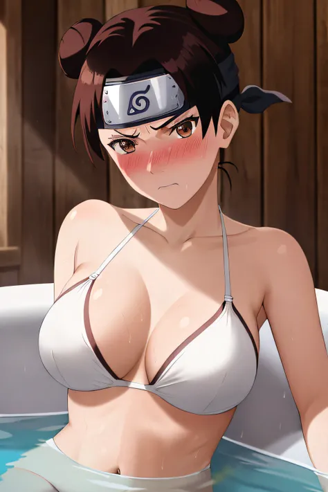 masterpiece, absurdres , (intricate details), (colorful),cinematic lighting,bust shot,extremely detailed CG unity 8k wallpaper,tenten(shippuden), 1girl, solo, ((white bikini)), large breasts, forehead protector, konohagakure symbol, headband, looking at vi...
