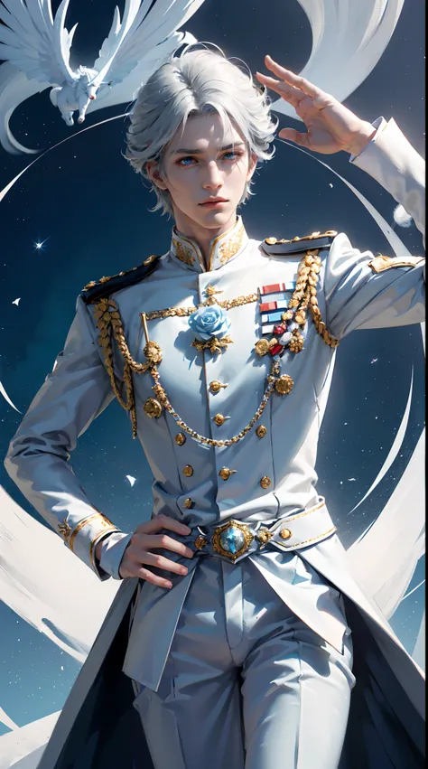 Royal man, (((elegant pose)))young noble man, silver hair, light blue eyes, tall and handsome body posture, handsome face, European nobleman, white noble uniform,  His shirt has a royal unicorn logo on it. pose holding a rose while saluting the nobleman, m...