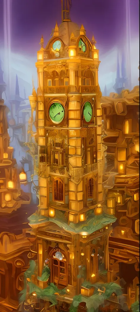 drawing of a fantasy clock tower with Rapunzel princes with long hairs looking through one of the cabin or area, maximalism digital art, clocktower pinces Rapunzel peeking through the top window, elaborate digital art, detailled clock tower fantasy based ,...