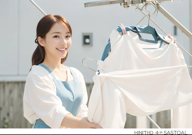 ((((Woman hanging laundry on clothesline hanger,Complex and accurate clothesline hangers,Complex and accurate clothesline,Woman hanging her bra in the garden at home,Hang a sexy bra to dry,Shot from the waist up,The biggest smile looking at the camera,The ...