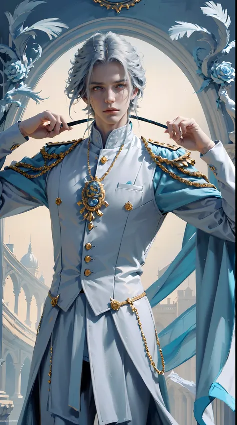 royal man, (((elegant pose)))young noble man, silver hair, light blue eyes, tall and handsome body posture, handsome face, europ...