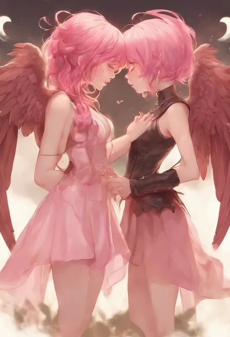 pink hair with wings, leather skirt with nipples on, two girls kissing,