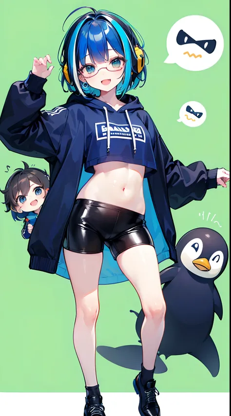 ((1girl)),(((full body))),(solo),(standing),((green background,simple background)),multi-tone hair,(((dark blue hair:1.2))),blue hair,(streaked hair,blonde streaked hair),short hair, (((small breasts))),little child,(((kawaii))),little girl,120 cm tall,6 y...