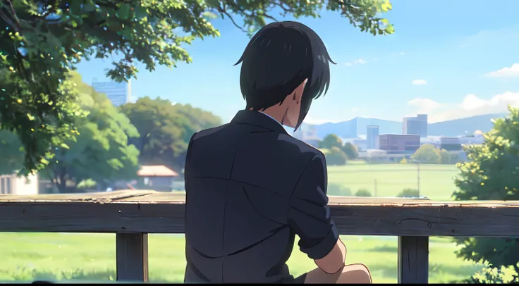 masterpiece, (1Man), black hair,(black shirt red necktie), Leaning on tree, sit on the ground, outdoors, blue sky, SHINKAI MAKOTO, behind view