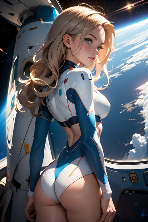 rear view, backside view, turning away, sandy hair, eyes are blue, fit body large breasts slender thighs slender waist pilot suit solo looking away from viewer, in space, long hair, blushing, determination, 8k, extreme detail,