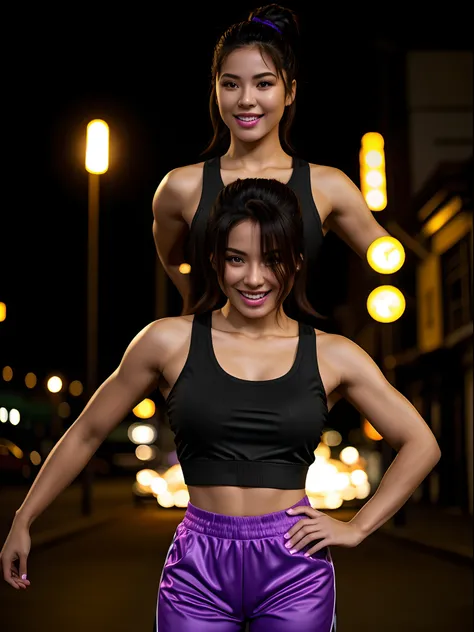 hyper realistic full body 4k Rio morales with a double bun hairstyle in a Taekwondo stance outside at night with a Gigantic city of purple flames behind her and she’s smirking evil with her tongue out and she’s wearing a black sleeveless crop top and black...