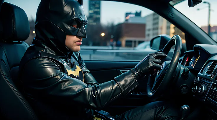 batman, batmobile, 1 seat open car:1.3 (batman driving the batmobile:1.3), look at the viewer, perfect composition, (masterpiece...