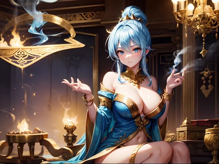 highly detailed ornate gold genie lamp emitting blue smoke, A beautiful female genie is coming out of the smoke