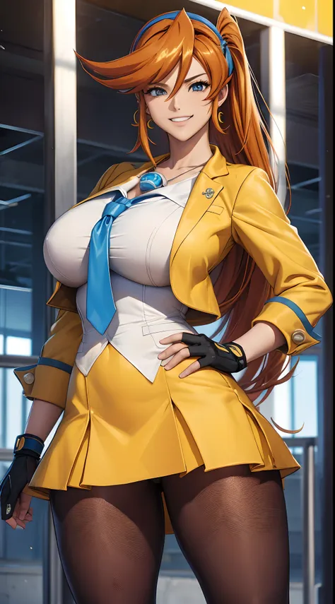 (masterpiece, best quality:1.2), cowboy shot, solo, 1girll, 20 years old, athena sykes, grin, hands on hips, orange hair, open c...