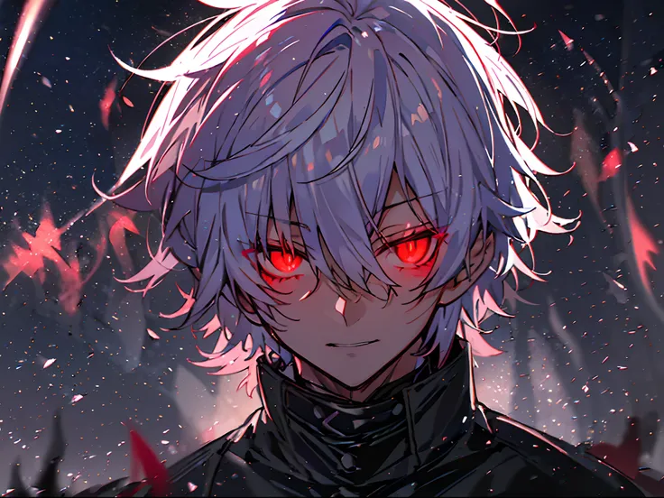 nffsw, Best Quality, masutepiece,Anime boy with white hair and red eyes staring at camera, Glowing red eyes,slim, dressed in a black outfit,Shadow Body,monochromes,hair messy,Farbe々Angle