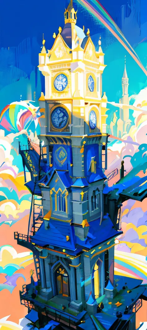 drawing of a clock tower with a girl sitting in one of its window having very pretty long hair holding a man with her long hair , sky background and a rainbow, the great marble wizards tower, inspired by Sir Jacob Epstein, clocktower, inspired by Pinturicc...