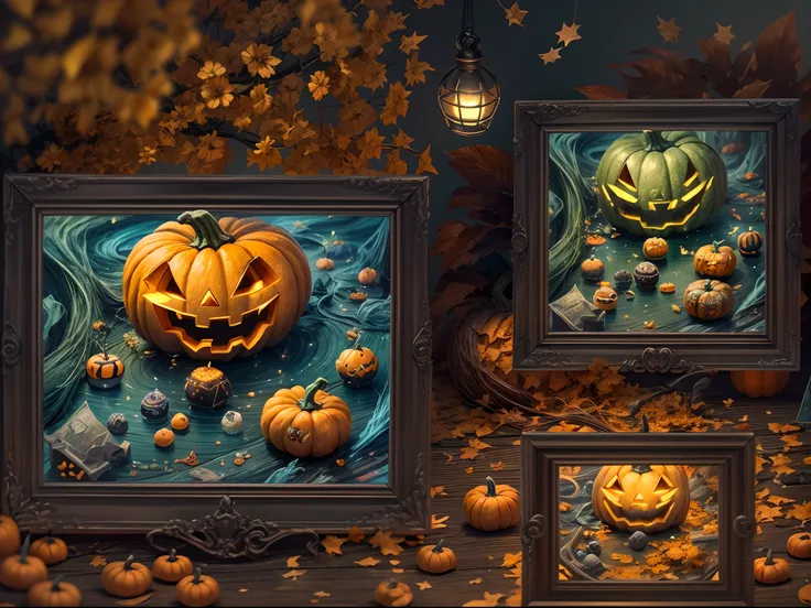 (tmasterpiece),（ultra - detailed：1.3），best qualtiy，（glittery:1.2），（Fantasy Halloween world:1.4），(Van Gogh-style Halloween: 1.5),（Remaining months），(((Delicious sweets，Lovely wizard，Pumpkin monsters，mummy，super heroes, and other Halloween decorations))), Fa...