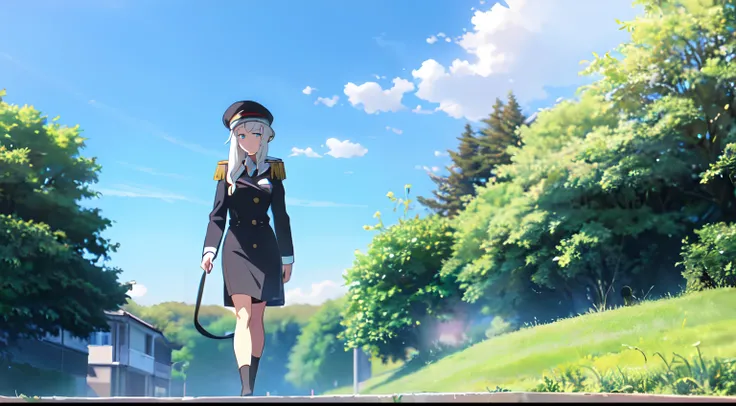 masterpiece, (1girl), (mature lady), (Solo), Really long hair, white hair, light blue eyes, (commander epaulettes black dress), (general hat), outdoors, blue sky, walk to hill and tree, SHINKAI MAKOTO, front view