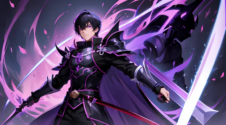 Asian anime male,teenager, purple eyes , black outfit armor medieval, black hair anime asian, using magic and sword, top quality, 8k quality, handsome,cool,badass, demonic dark aura, no beard, no pixelated, ultra hd, no blur, demon form last boss in the ba...